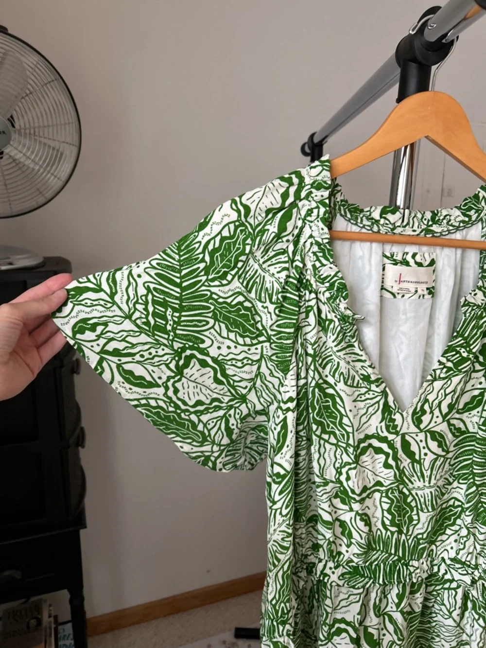 Anthropologie Robin Tiered Mini Dress Floral Green White 1X